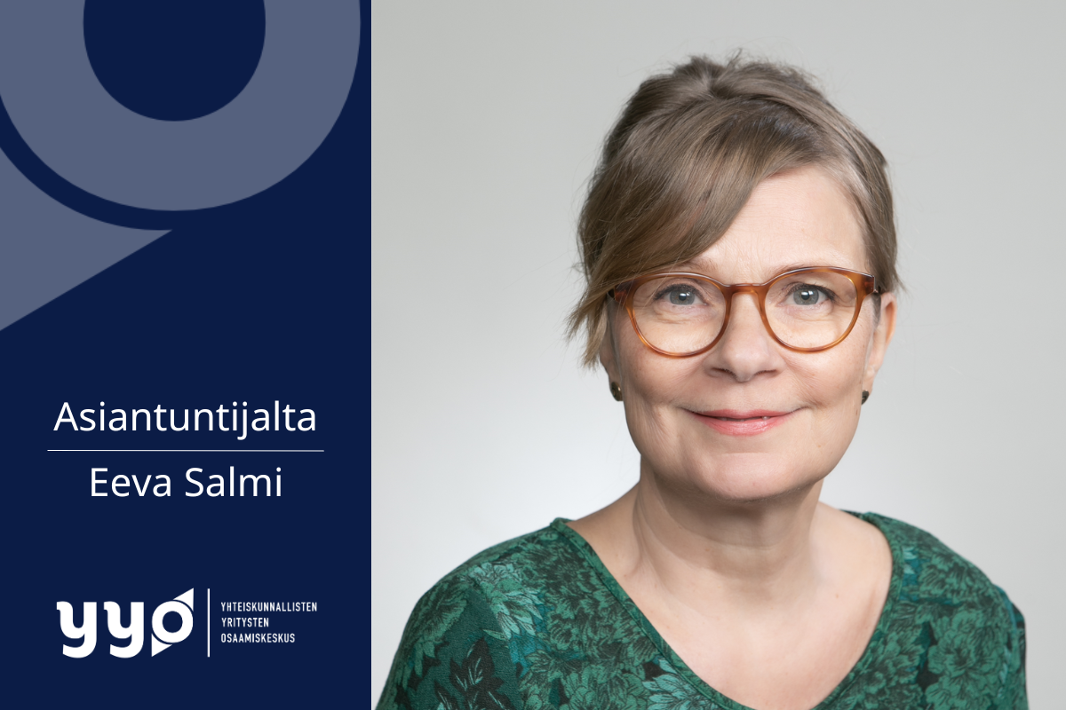 Kuvassa kirjoittaja ja tekstit Asiantuntijalta Eeva Salmi sekä hankkeen ja rahoittajan logot.