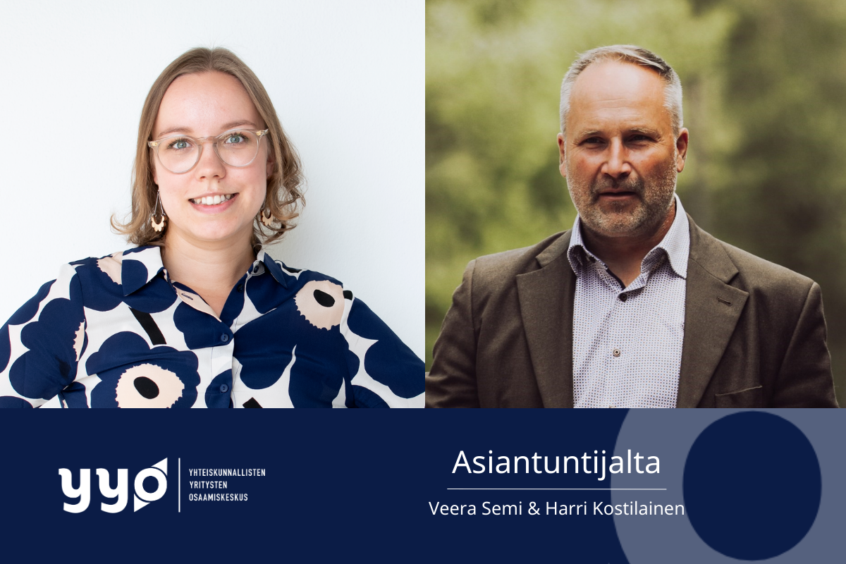 Kuvassa kirjoittaja ja tekstit Asiantuntijalta Veera Semi & Harri Kostilainen sekä hankkeen ja rahoittajan logot.